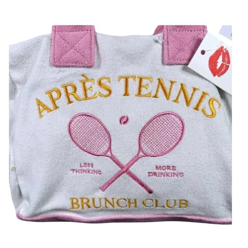 Wildfox Apres Tennis Brunch Club Terry Cloth Tote Bag Pink White‎ NWT